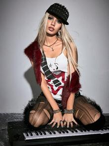 ROMWE Grunge Punk Áo hai dây họa tiết nốt nhạc Rock Bass dễ thương dành cho nữ - trắng - Xem 10