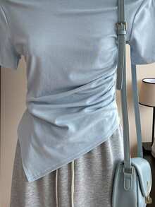 Lalippa Women's Summer Casual Off Shoulder Pleated Fitted Asymmetrical Hemline T-Shirt - Blue - View 3