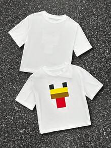 女式短款白色 T 恤，带有可爱印花，图案女士休闲家居服，带有独特的可爱动物像素图案，短款圆领短袖上衣，适合生日穿着