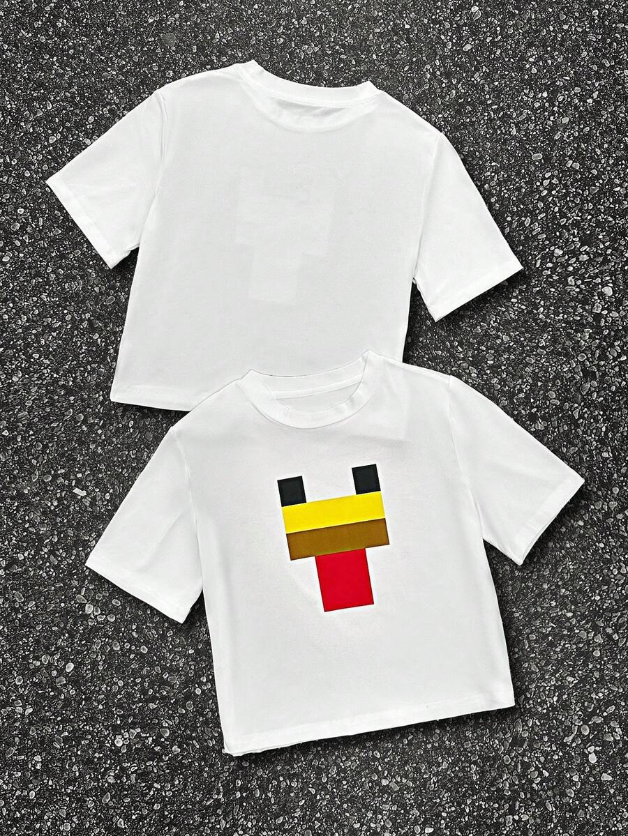 女式短款白色 T 恤，带有可爱印花，图案女士休闲家居服，带有独特的可爱动物像素图案，短款圆领短袖上衣，适合生日穿着