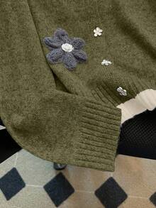 SHEIN LUNE 全新秋冬优雅手工花卉图案柔软舒适开衫，适合娇小女性 - 軍綠色 - 查看 6