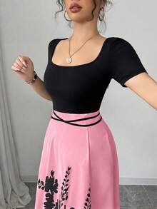 Rafferiza Đầm tay ngắn in họa tiết kiểu qipao thắt eo thanh lịch dành cho nữ - Hồng - Xem 4