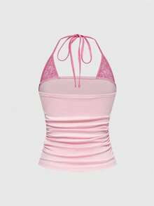 ROMWE J-Fashion Y2K Concert Punk Wing Print 2 In 1 Contrast Lace Sleeveless Halter Top - Pink - View 2