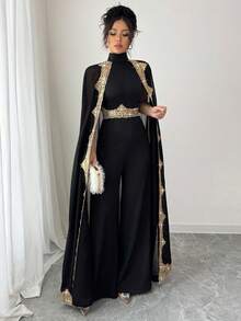 Rafferiza Women's Sequin Patchwork Stand Collar Slit Elegant Jumpsuit - Black - View 3