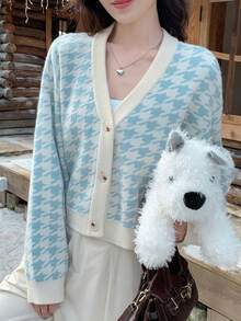 DAZY 女士宽松商务休闲格子拼色针织开衫，适合秋冬季办公室穿着 - 藍色 - 查看 5