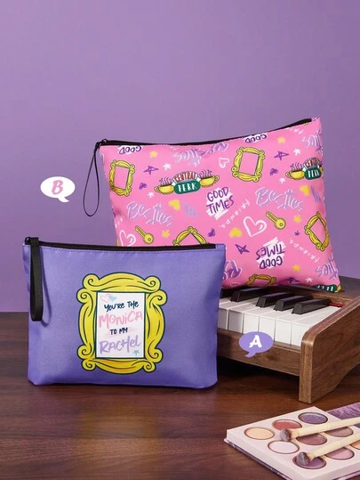 FRIENDS X SHEIN 2 件套图案印花轻质涤纶纤维化妆包，适合存放化妆品、文具、日用品、数码产品，非常适合通勤、上学、旅行，适合男士、女士、学生、相框、友情