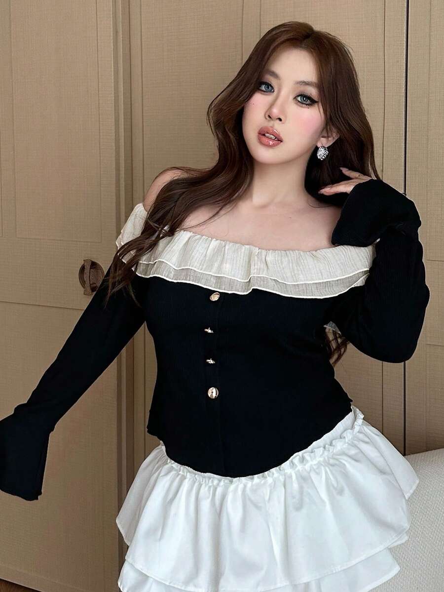 Dazy Plus Plus Size Women's Scalloped Off Shoulder Flare Sleeve Fitted Cropped T-Shirt, Spring/Autumn Long Sleeve Top