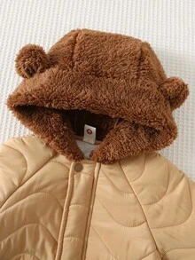 Cozy Pixies Baby Boy Cartoon Bear Pattern Contrast Color Hooded Winter Coat, Versatile & Comfortable For Indoor, Outdoor Casual, Skiing, Back To School, Daily Wear, Sports, Play, Party