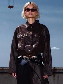 MUSERA Coated Cropped Elasticated Waist Collared Button Down Denim Jacket Top Only Classy Sexy Night Out Fall Autumn Cute Coolgirl Streetwear Dawn  Chic - Coffee Brown - View 1