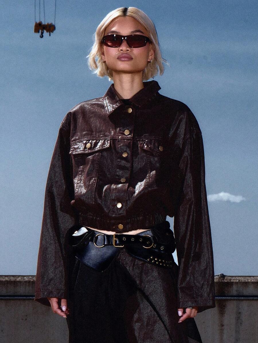 MUSERA Coated Cropped Elasticated Waist Collared Button Down Denim Jacket Top Only Classy Sexy Night Out Fall Autumn Cute Coolgirl Streetwear Dawn  Chic - Coffee Brown - View 1