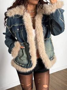 StreetHx 女式仿皮草衬里牛仔夹克 - 藍色 - 查看 1