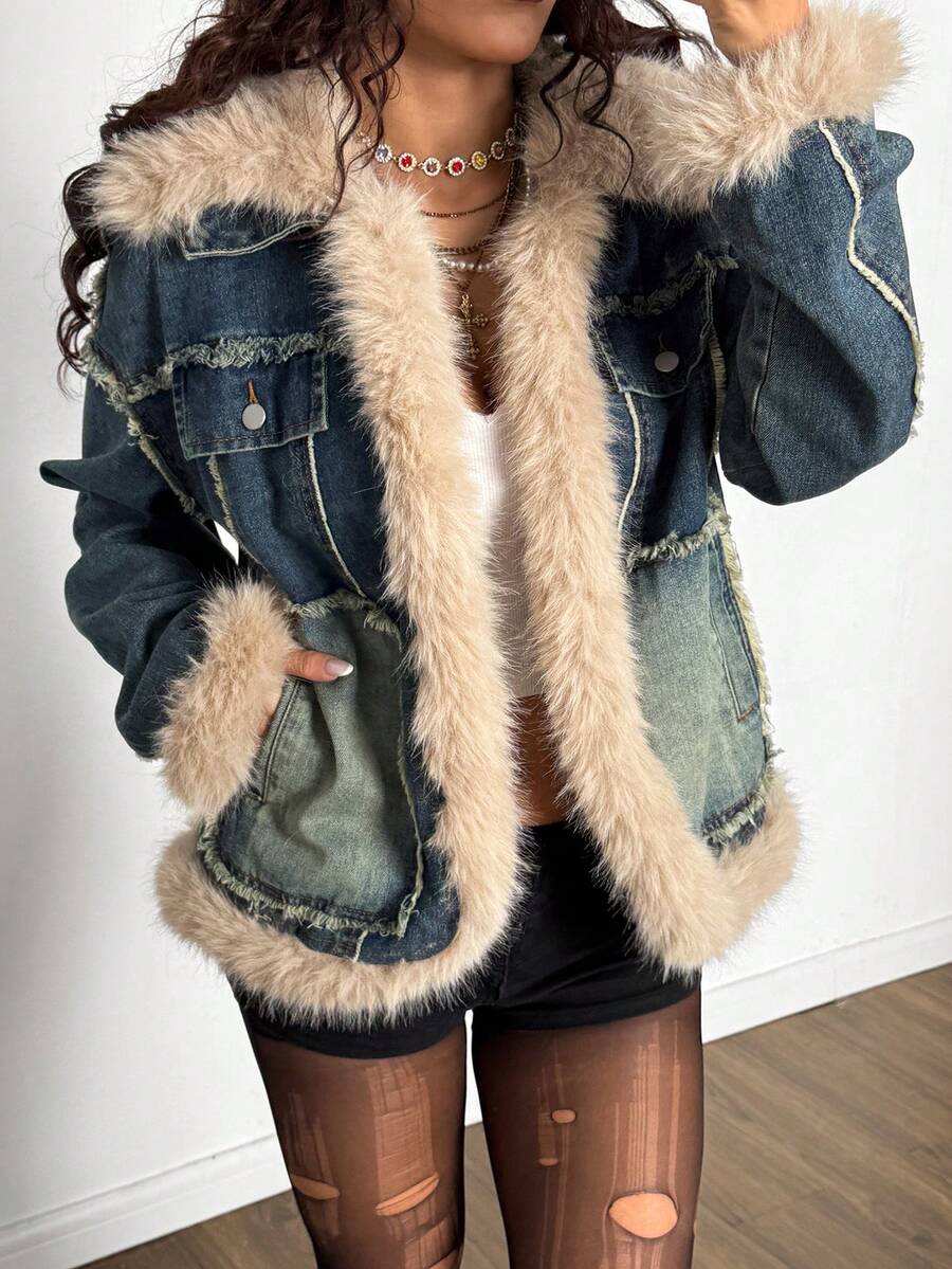StreetHx 女式仿皮草衬里牛仔夹克 - 藍色 - 查看 1