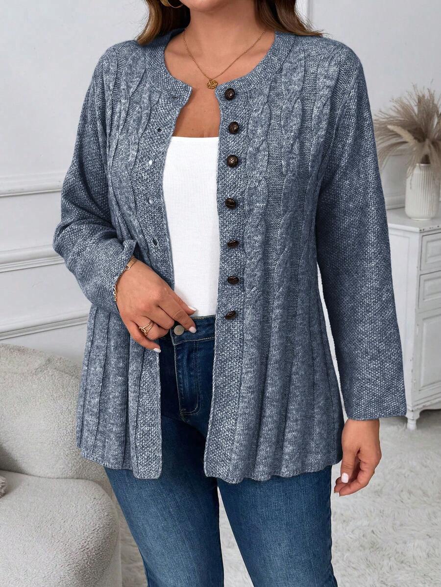 Plus Size Casual Versatile Commuter Cardigan, Autumn Winter - Blue and White - View 1