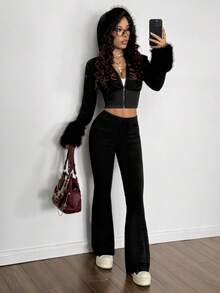 StreetHx 2pcs Women Fashion Printed Zip-Up Short Jacket & Solid Color Pants Set - Black - View 4