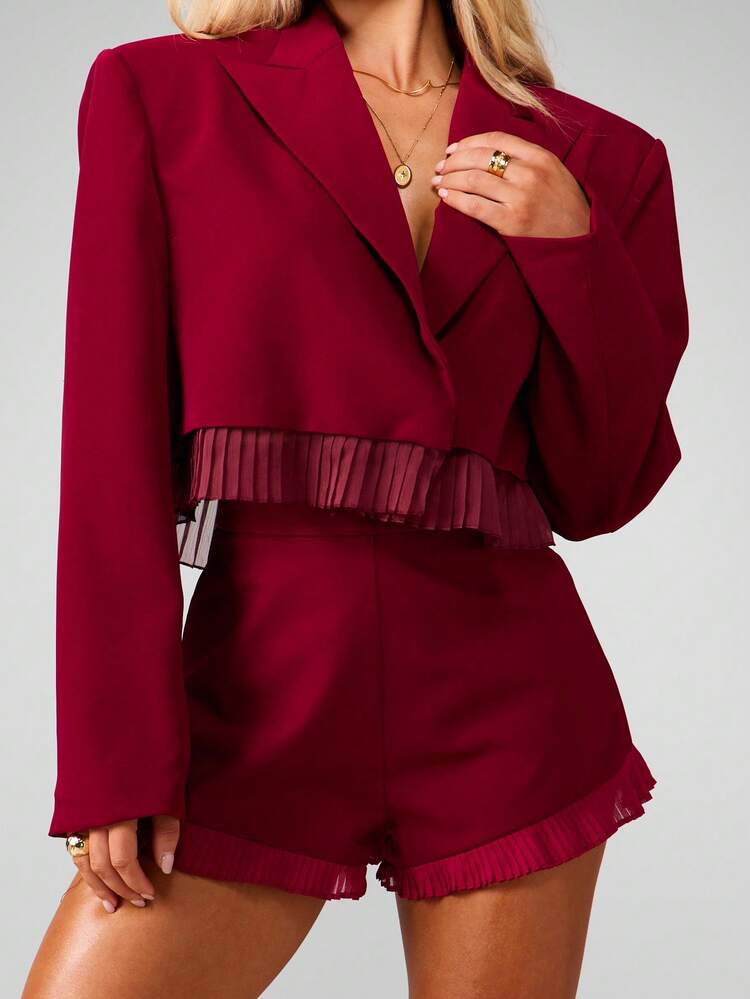 MISSGUIDED Christmas High Waisted Tailored Shorts With Pleated Fringe Trim For Women - Elegant Office Wear Mini Shorts With Ruffled Hem Details
