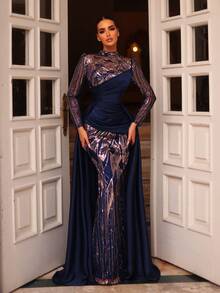 Aureia Elegante y lujoso vestido de satén con cuello alto, manga larga transparente, fruncido delantero, cola de pez, volante oversize, adornado con cuentas y lentejuelas, apropiado para todas las ocasiones formales, bodas, vacaciones, fiestas, madre de la novia/novio