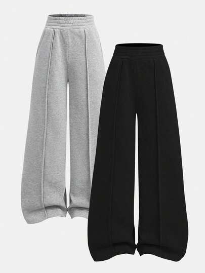 SHEIN Girlism 青少年女孩两件套休闲宽松直筒针织纯色裤子，女孩街头风格