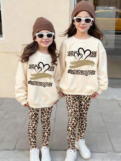 Girls Casual Fashionable Creative Autumn Cartoon Cute Leopard Print Heart Graphic Print Pullover Sweatshirt And Leggings 2-Piece Set