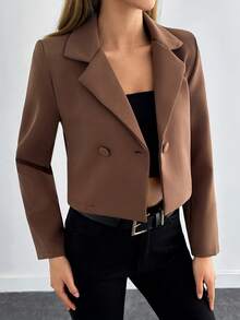 EURMUSE Women's Solid Color Long Sleeve Two-Button Short Casual Blazer - Brown - View 3