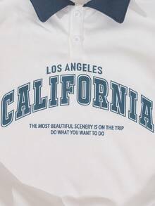 SHEIN 2 件套男童长袖运动套装，白色和蓝色撞色领 Polo 衫，带有“CALIFORNIA”字母印花，营造出美国校园氛围，袖侧蓝白条纹，打造活力外观；海军蓝松紧腰裤，适合学校运动穿着，返校日常穿着，秋季