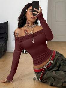 Coolane 女式春季巫术哥特音乐节十字图案蕾丝拼布露肩上衣，X 神秘之心 - 紅色 - 查看 2