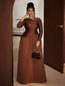 Maweii Plus Size Women Elegant Solid Color Asymmetric Neckline Ruched Long Sleeve Dress, Suitable For Wedding Guest, Party, Night Out, Fashion Design, Autumn