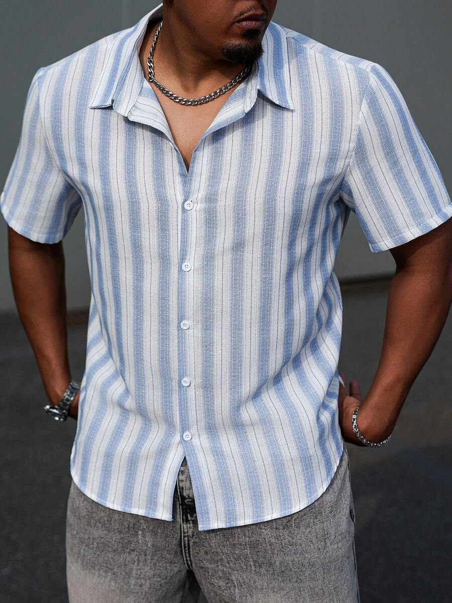 Manfinity Homme Áo sơ mi nam tay ngắn cài nút phía trước kẻ sọc cỡ lớn, áo sơ mi nam tay ngắn màu xanh thường ngày, áo sơ mi nam sọc, áo sơ mi nam cài nút mùa hè, quần áo mùa hè, áo sơ mi nam - Nhiều màu - Xem 1