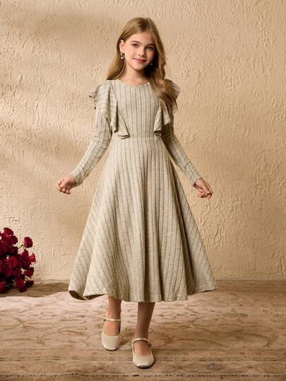 Tween Girl' Round Neck Long Sleeve Ruffle Waist Elegant Halloween Christmas Dress