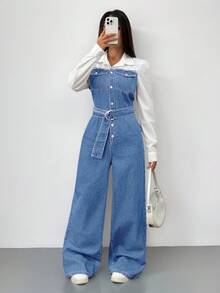 Siren Gaze Quần yếm denim và áo liền quần dài tay ôm sát thoải mái dành cho nữ - Rửa nhẹ - Xem 5