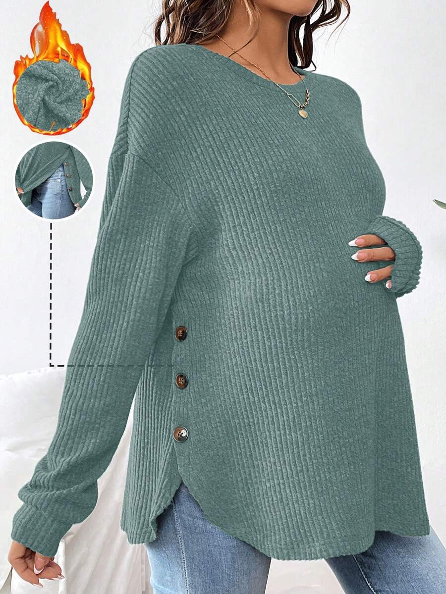 SHEIN 孕妇纯色圆领落肩长袖侧扣哺乳上衣 - 綠色 - 查看 1