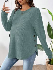 SHEIN 孕妇纯色圆领落肩长袖侧扣哺乳上衣 - 綠色 - 查看 5