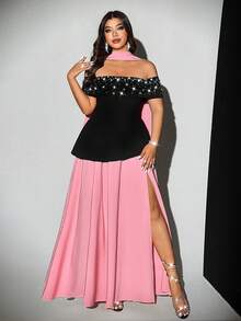 Viva Relle Robe midi moulante pour femmes grandes tailles, en tissu métallique luxueux avec décoration métallique, sans bretelles, pour soirée, cocktail, rendez-vous romantique