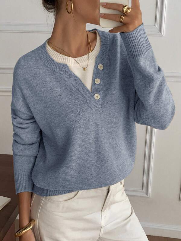 DAZY Suéter informal de cuello henley con bloques de color, suéter de punto suave 2 en 1 para mujer