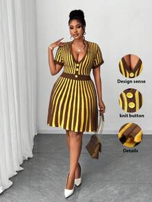Maweii Plus Size Women's Sweater Dress,1950s Vintage Yellow Striped Cinched Waist A-Line Mini Dress, Knitted Everyday Autumn Dress,Punk Gothic Knitwear - Multicolor - View 1