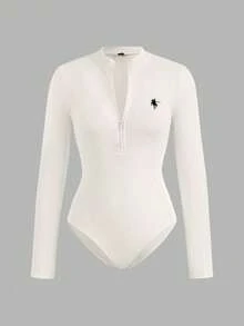 SHEIN EZwear 2pcs Women Casual Stand Collar Half Zip Front Skinny Bodysuit Set, Ribbed Fabric, Riding Horse Logo Print Autumn And Winter