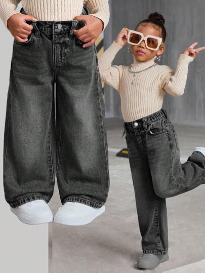 SHEIN 年轻女孩 Y2K 复古蓝色牛仔布毛绒宽腿宽松牛仔裤，羊毛加厚保暖牛仔裤，女孩秋冬装