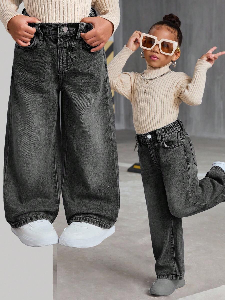 SHEIN 年轻女孩 Y2K 复古蓝色牛仔布毛绒宽腿宽松牛仔裤，羊毛加厚保暖牛仔裤，女孩秋冬装