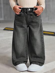 SHEIN 年轻女孩 Y2K 复古蓝色牛仔布毛绒宽腿宽松牛仔裤，羊毛加厚保暖牛仔裤，女孩秋冬装