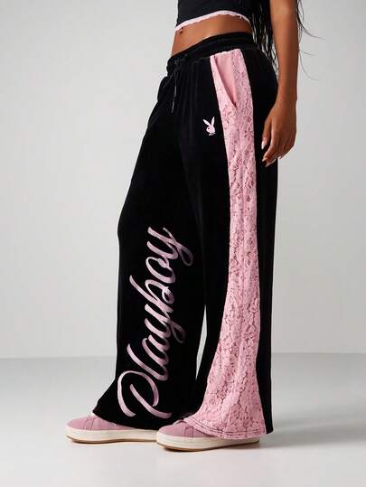 Missguided x Playboy Lace Panel Velvet Wide Leg Joggers With Drawstring Waist For Casual Comfort And Style