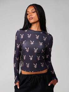 Missguided x Playboy Leopard Print Long Sleeve Crop Top With Crew Neck For Fall Winter Casual Wear - Multicolor - View 1