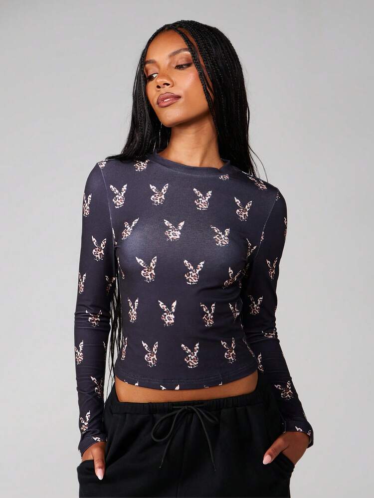 Missguided x Playboy Leopard Print Long Sleeve Crop Top With Crew Neck For Fall Winter Casual Wear