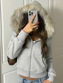 SHEIN EZwear 女士休闲灰色碎花拉链卫衣，适合日常穿着、毕业典礼、返校季、秋冬季节。 - 淺灰色 - 查看 5