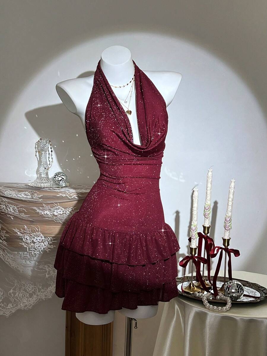 Elamini Đầm ngắn hở lưng cổ xẻ sâu gợi cảm thời trang - Màu Đỏ Sâu - Xem 1