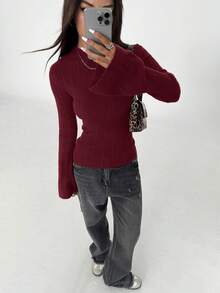 Flirla Áo len bó tay chuông màu trơn thời trang dành cho nữ, Thu/Đông - Màu Đỏ Sâu - Xem 4