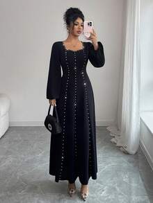 Modelyn Vestido de punto de manga larga ajustado con parches y adornos de strass, adecuado para salir y citas - Negro - Ver 7
