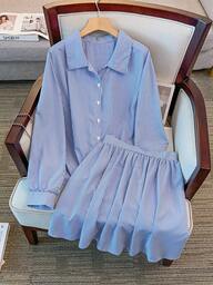 Regalyn Plus Size Striped Print Long Sleeve Top And Skirt 2 Pieces Set