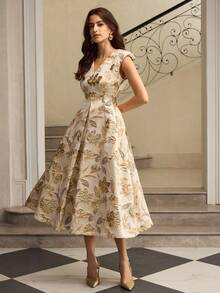 ZEYLAH V领提花褶皱A字连衣裙，秋冬 - 杏色 - 查看 2