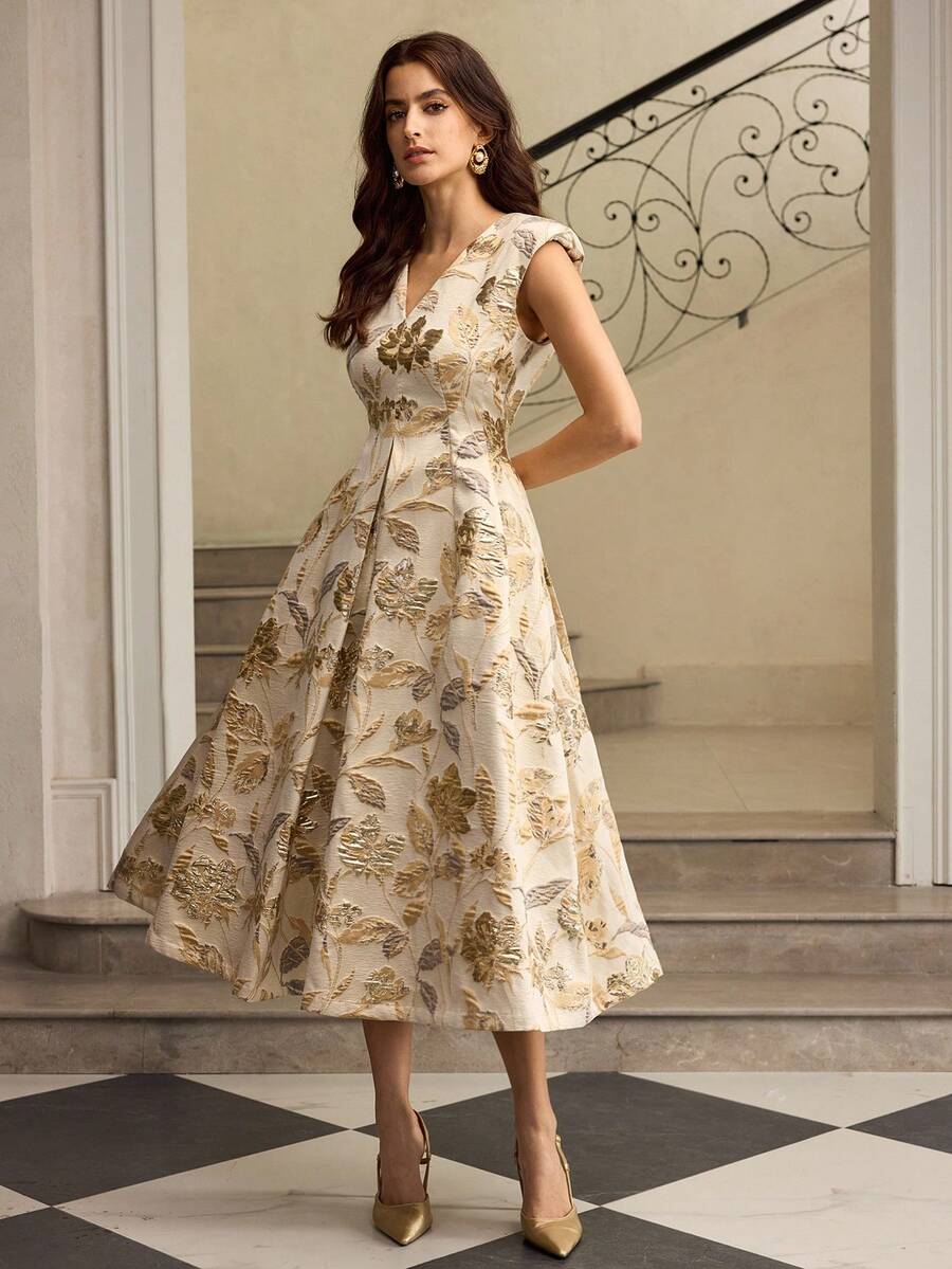 ZEYLAH V领提花褶皱A字连衣裙，秋冬