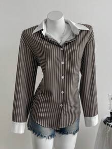 SHEIN Unity Áo len cardigan tay dài dáng rộng, họa tiết sọc tương phản mới dành cho nữ, phù hợp mặc đi làm, đi chơi và mặc hàng ngày, mùa xuân và thu - Nhiều màu - Xem 3