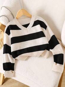 Sparklyn 1pc Women's Pullover Sweater, Fashionable V-Neck Classic Striped Color Block, Regular Thickness, Smooth Texture, Vibrant Colors, Versatile For Daily Wear, Suitable For Autumn/Winter White For Kid Clothes Preppy Clothes For Kids - Multicolor - View 7